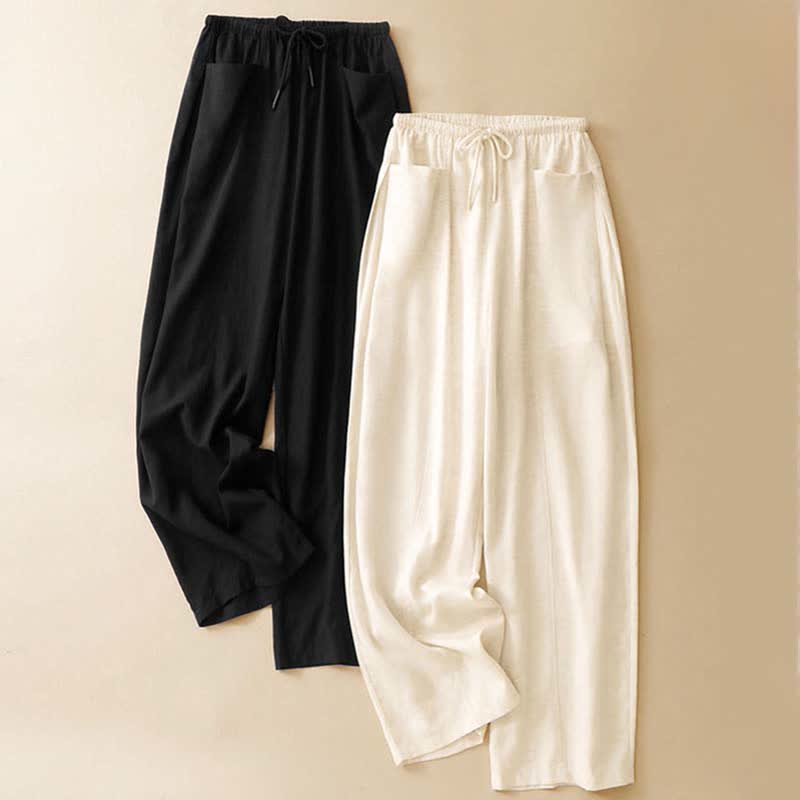 Buddha Stones Minimalistische, einfarbige, gerade geschnittene Damenhose mit Kordelzug und Taschen für den Sommer - image 13