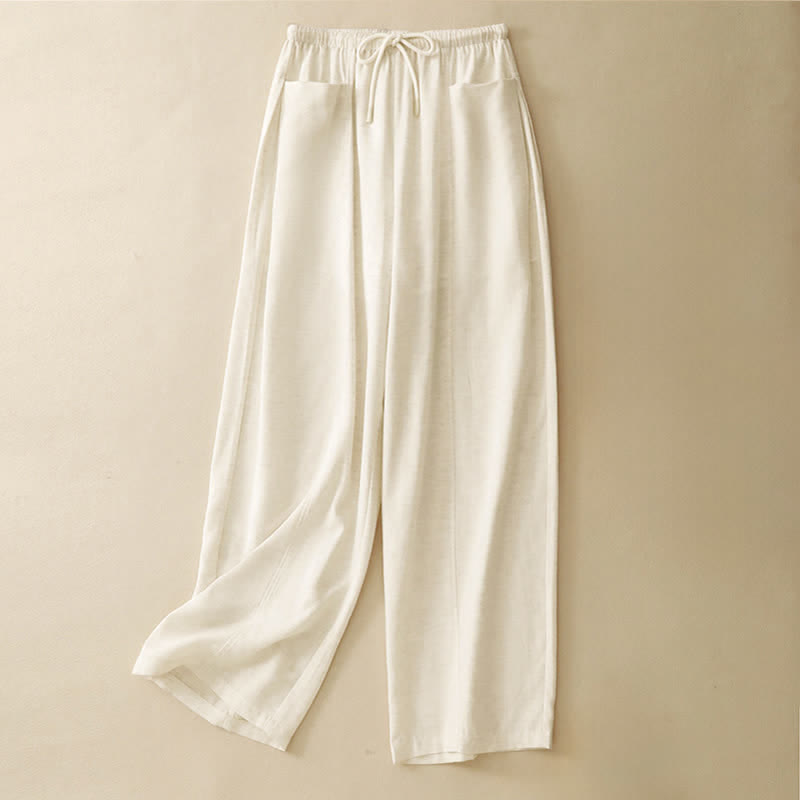 Buddha Stones Minimalistische, einfarbige, gerade geschnittene Damenhose mit Kordelzug und Taschen für den Sommer - Leinen - US 8-10, UK/AU 12-14, EU 40-42 (2XL) - image 0