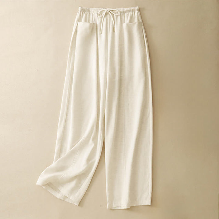 Buddha Stones Minimalistische, einfarbige, gerade geschnittene Damenhose mit Kordelzug und Taschen für den Sommer - Leinen - US 8-10, UK/AU 12-14, EU 40-42 (2XL) - image 0