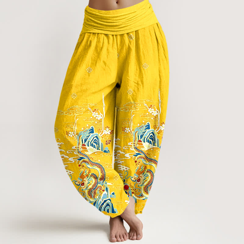 Buddha Stones Damen-Haremshose aus reiner Baumwolle mit Drachen-, Wolken- und Wellenmuster, elastischem Bund - Gold - US16, UK/AU20, EU48 (3XL) - image 8