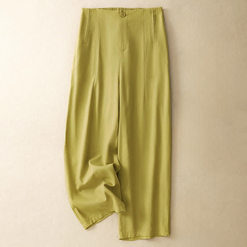 Buddha Stones Minimalistische, sommerliche Haremshose aus einfarbigem Leinen mit Knopfleiste, hohem Bund und Taschen für Damen - khaki - US12, UK/AU16, EU44 (3XL) - image 0