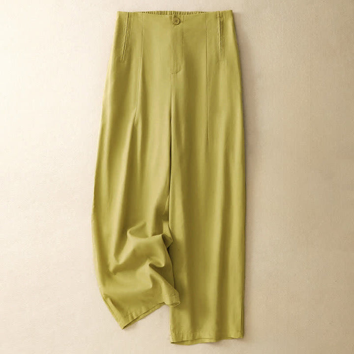 Buddha Stones Minimalistische, sommerliche Haremshose aus einfarbigem Leinen mit Knopfleiste, hohem Bund und Taschen für Damen - khaki - US12, UK/AU16, EU44 (3XL) - image 0
