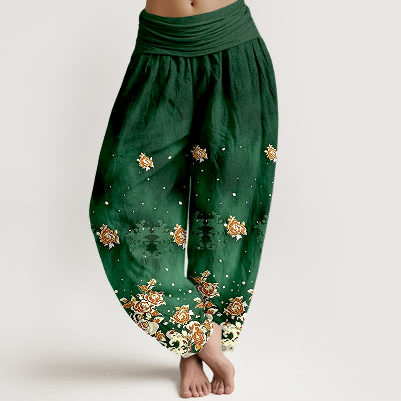 Buddha Stones Damen-Haremshose aus reiner Baumwolle mit Vintage-Rosenmuster und elastischem Bund - Waldgrün - US16, UK/AU20, EU48 (3XL) - image 0