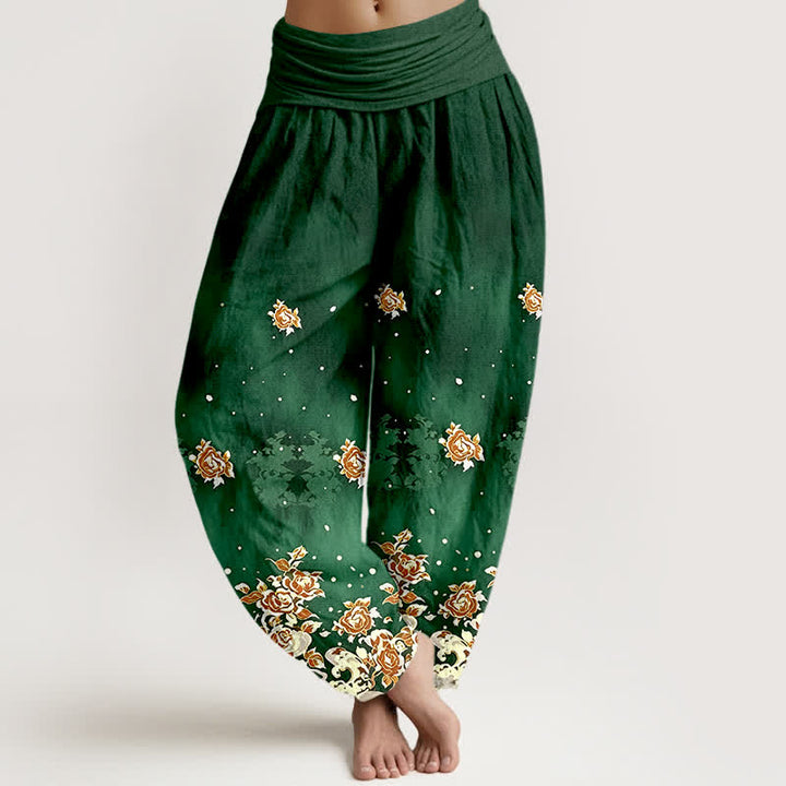 Buddha Stones Damen-Haremshose aus reiner Baumwolle mit Vintage-Rosenmuster und elastischem Bund - Waldgrün - US16, UK/AU20, EU48 (3XL) - image 0