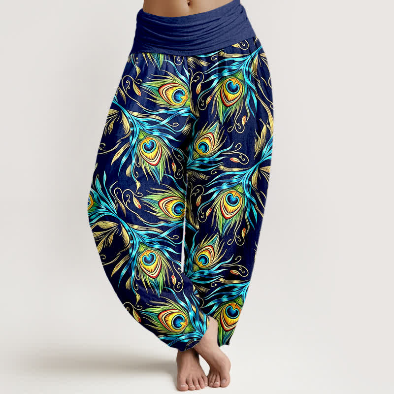 Buddha Stones Damen-Haremshose aus reiner Baumwolle mit Pfauenfedermuster und elastischem Bund - Marine - US16, UK/AU20, EU48 (3XL) - image 0