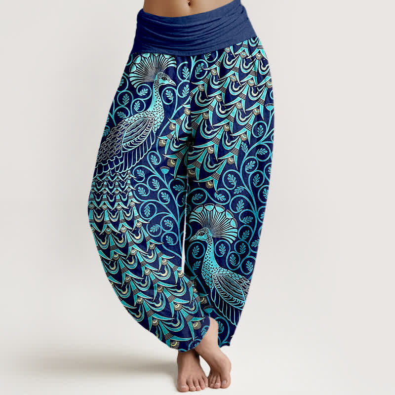 Buddha Stones Damen-Haremshose aus reiner Baumwolle mit Pfauenfeder-Rankenmuster und elastischem Bund - Marine - US16, UK/AU20, EU48 (3XL) - image 0