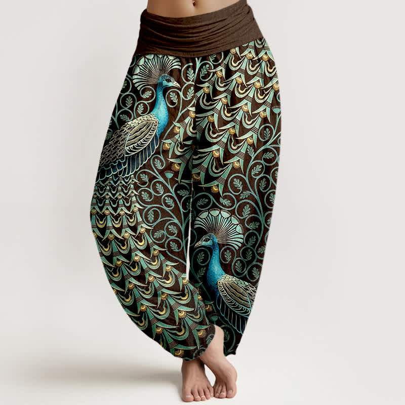 Buddha Stones Damen-Haremshose aus reiner Baumwolle mit Pfauenfeder-Rankenmuster und elastischem Bund - Braun - US16, UK/AU20, EU48 (3XL) - image 5