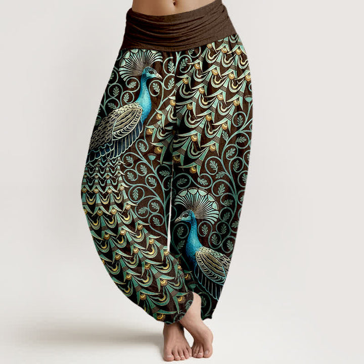 Buddha Stones Damen-Haremshose aus reiner Baumwolle mit Pfauenfeder-Rankenmuster und elastischem Bund - Braun - US16, UK/AU20, EU48 (3XL) - image 5
