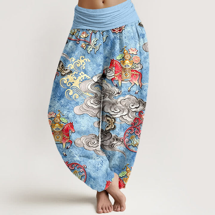 Buddha Stones Damen-Haremshose aus reiner Baumwolle mit Glückswolken-, Pferde- und Blumenmuster sowie elastischem Bund - Hellblau - US16, UK/AU20, EU48 (3XL) - image 0