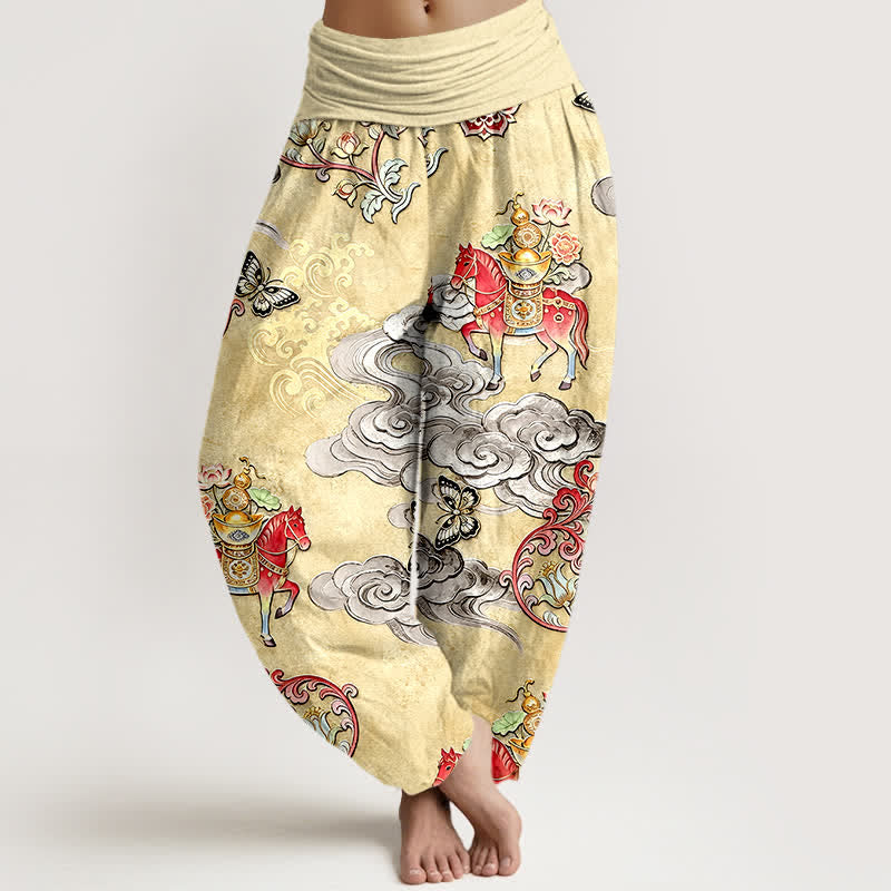 Buddha Stones Damen-Haremshose aus reiner Baumwolle mit Glückswolken-, Pferde- und Blumenmuster sowie elastischem Bund - Zitronen-Chiffon - US16, UK/AU20, EU48 (3XL) - image 5