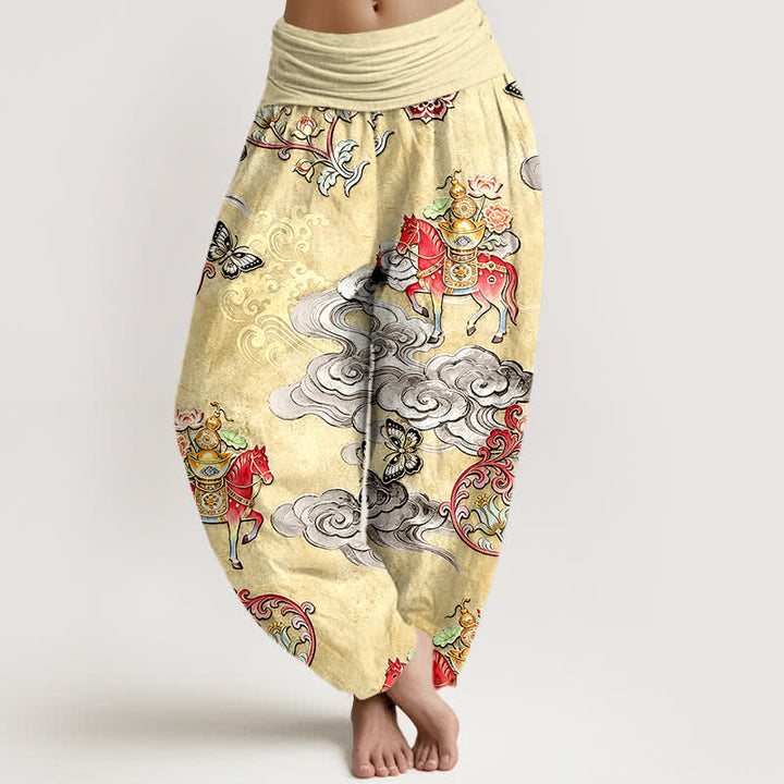 Buddha Stones Damen-Haremshose aus reiner Baumwolle mit Glückswolken-, Pferde- und Blumenmuster sowie elastischem Bund - Zitronen-Chiffon - US16, UK/AU20, EU48 (3XL) - image 5