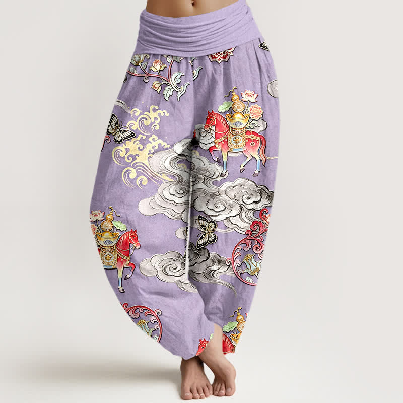 Buddha Stones Damen-Haremshose aus reiner Baumwolle mit Glückswolken-, Pferde- und Blumenmuster sowie elastischem Bund - Lavendel - US16, UK/AU20, EU48 (3XL) - image 8