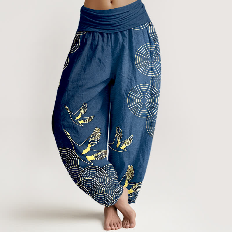 Buddha Stones Baumwoll-Haremshose mit goldenem Vogel-Kreismuster und elastischem Bund für Damen - SteelBlue - US16, UK/AU20, EU48 (3XL) - image 0