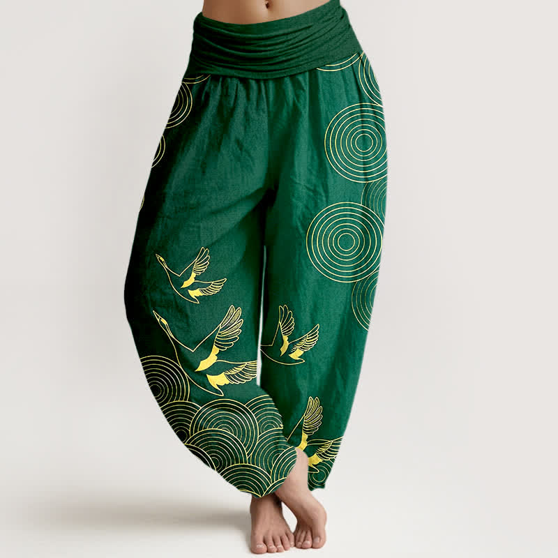 Buddha Stones Haremshose aus Baumwolle mit goldenem Vogel-Kreismuster und elastischem Bund für Damen - Waldgrün - US16, UK/AU20, EU48 (3XL) - image 5