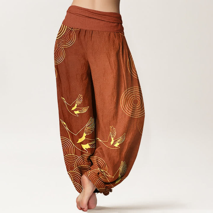 Buddha Stones Haremshose aus Baumwolle mit goldenem Vogel-Kreismuster und elastischem Bund für Damen - image 9