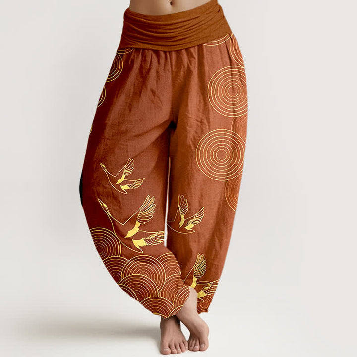 Buddha Stones Baumwoll-Haremshose mit goldenem Vogel-Kreismuster und elastischem Bund für Damen - Sienna - US16, UK/AU20, EU48 (3XL) - image 8