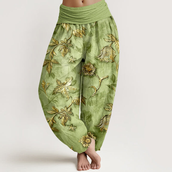Buddha Stones Baumwoll-Haremshose mit botanischem Blattmuster und elastischem Bund für Damen - Hellgrün - US16, UK/AU20, EU48 (3XL) - image 0