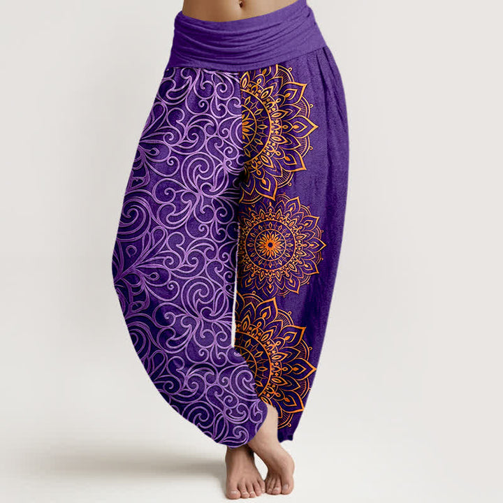 Buddha Stones Damen-Haremshose aus reiner Baumwolle mit goldenem Mandala-Blumenmuster und elastischem Bund - Lila - US16, UK/AU20, EU48 (3XL) - image 0