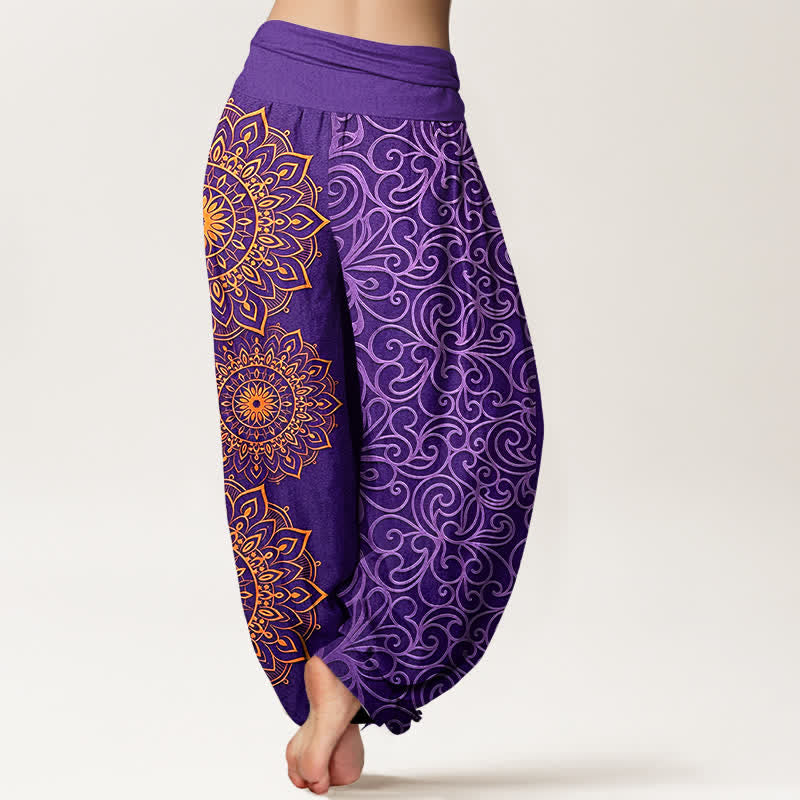 Buddha Stones Damen-Haremshose aus reiner Baumwolle mit goldenem Mandala-Blumenmuster und elastischem Bund - image 1
