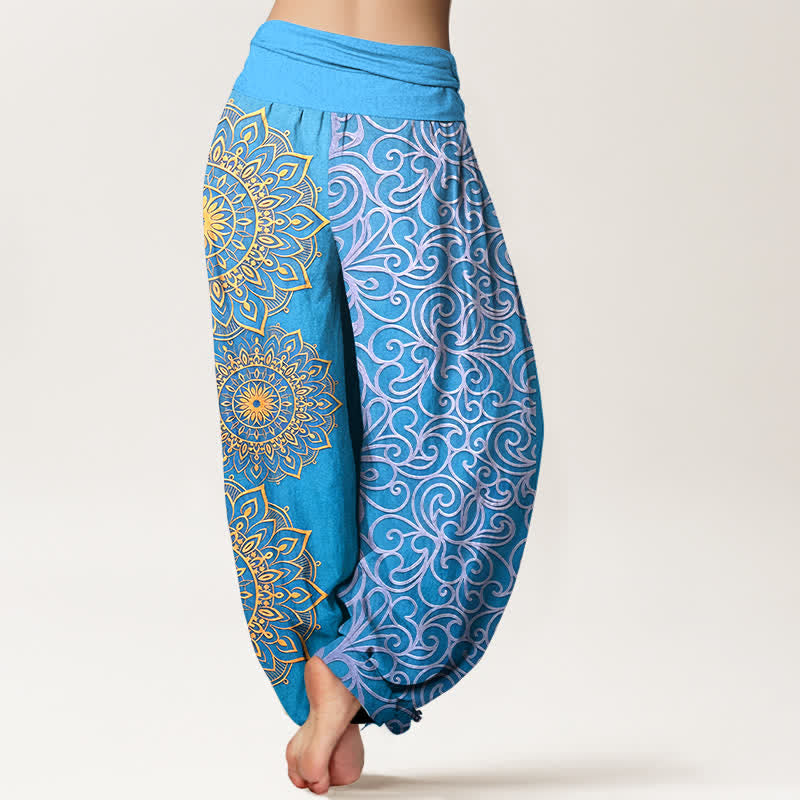 Buddha Stones Damen-Haremshose aus reiner Baumwolle mit goldenem Mandala-Blumenmuster und elastischem Bund - image 6