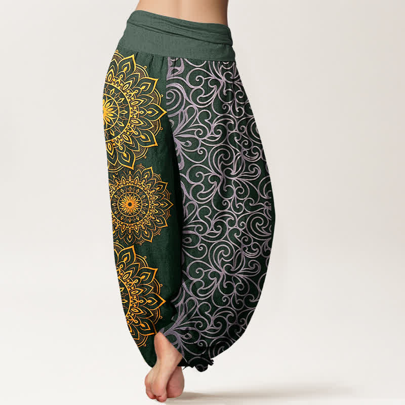 Buddha Stones Damen-Haremshose aus reiner Baumwolle mit goldenem Mandala-Blumenmuster und elastischem Bund - image 9
