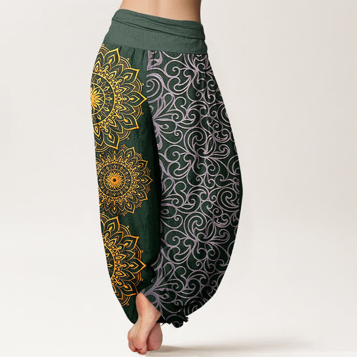 Buddha Stones Damen-Haremshose aus reiner Baumwolle mit goldenem Mandala-Blumenmuster und elastischem Bund - image 9