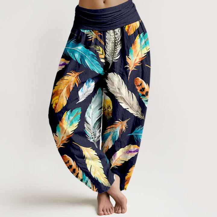 Buddha Stones Damen-Haremshose aus reiner Baumwolle mit farbenfrohem Federmuster und elastischem Bund - Marine - US16, UK/AU20, EU48 (3XL) - image 0