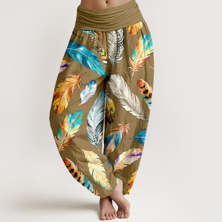 Buddha Stones Damen-Haremshose aus reiner Baumwolle mit farbenfrohem Federmuster und elastischem Bund - Dunkelkhaki - US16, UK/AU20, EU48 (3XL) - image 5