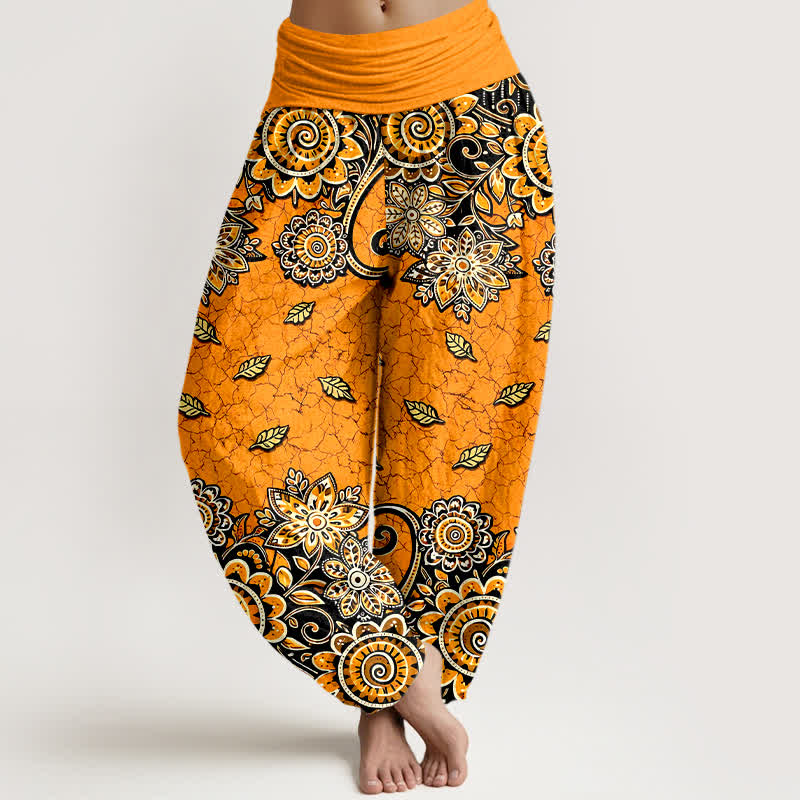 Buddha Stones Damen-Haremshose aus reiner Baumwolle mit kräftig orangefarbenem Paisley-Mandala-Muster und elastischem Bund - Orange - US16, UK/AU20, EU48 (3XL) - image 0