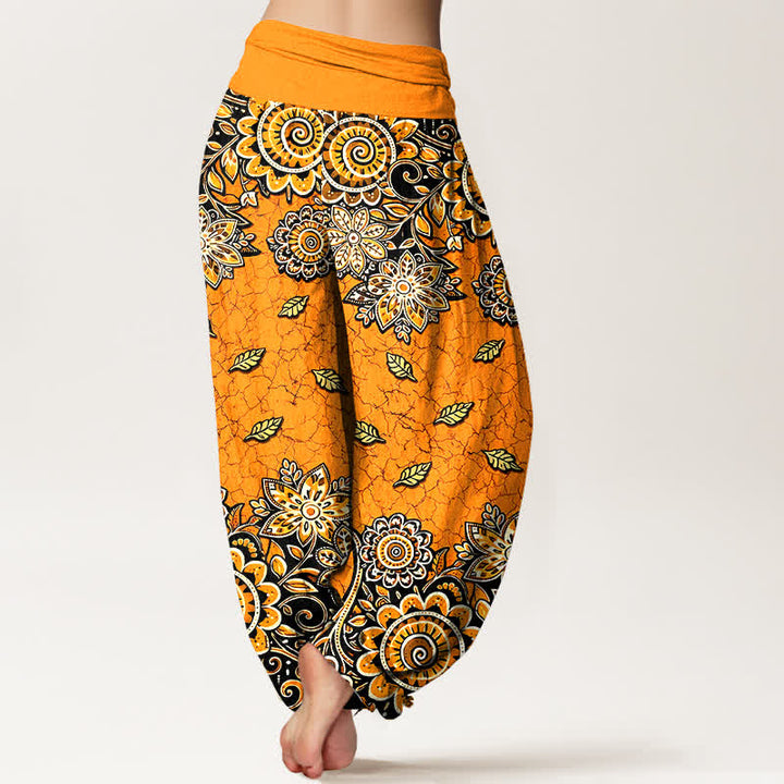 Buddha Stones Damen-Haremshose aus reiner Baumwolle mit kräftig orangefarbenem Paisley-Mandala-Muster und elastischem Bund - image 1