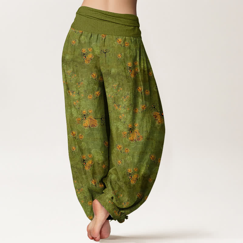 Buddha Stones Haremshose aus reiner Baumwolle mit verstreutem Ringelblumenmuster und elastischem Bund für Damen. - image 1