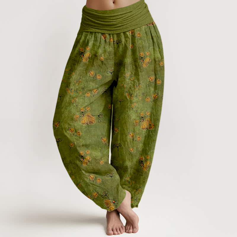 Buddha Stones Haremshose aus reiner Baumwolle mit verstreutem Ringelblumenmuster und elastischem Bund für Damen. - Olivgrün - US16, UK/AU20, EU48 (3XL) - image 0