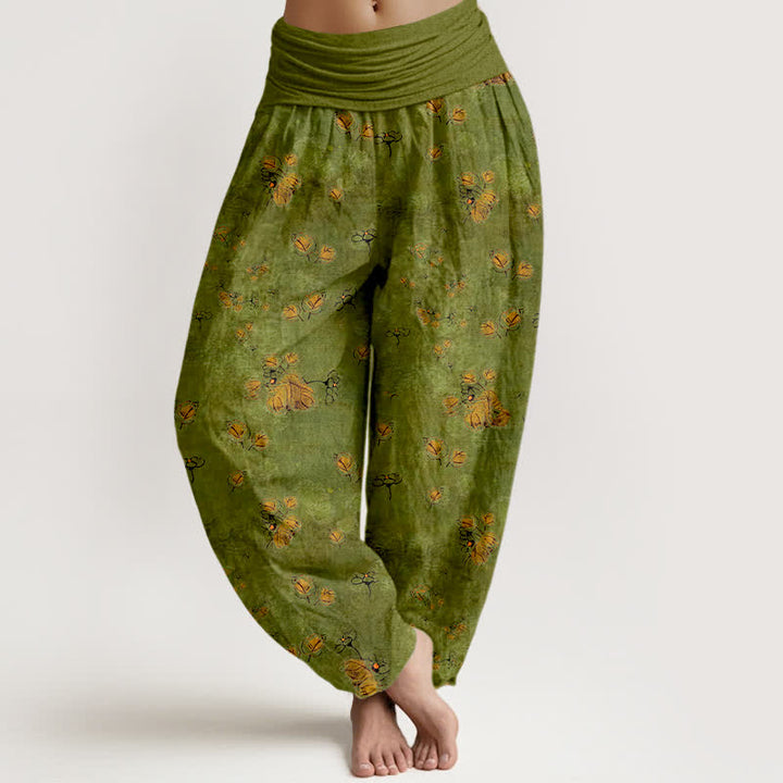 Buddha Stones Haremshose aus reiner Baumwolle mit verstreutem Ringelblumenmuster und elastischem Bund für Damen. - Olivgrün - US16, UK/AU20, EU48 (3XL) - image 0