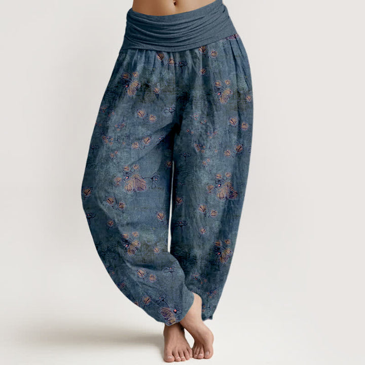 Buddha Stones Haremshose aus reiner Baumwolle mit verstreutem Ringelblumenmuster und elastischem Bund für Damen. - SteelBlue - US16, UK/AU20, EU48 (3XL) - image 8