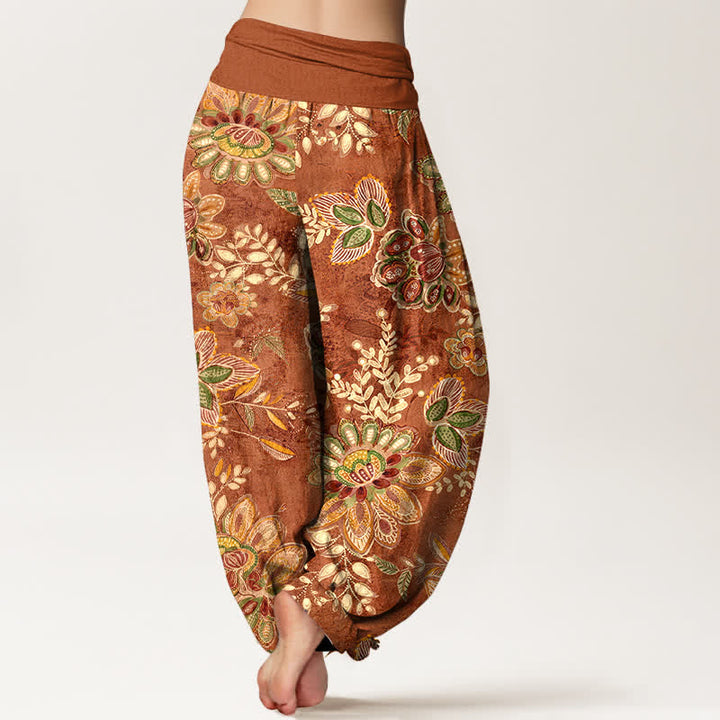 Buddha Stones Damen-Haremshose aus reiner Baumwolle mit böhmischem Blumen- und Blättermuster, elastischem Bund - image 1