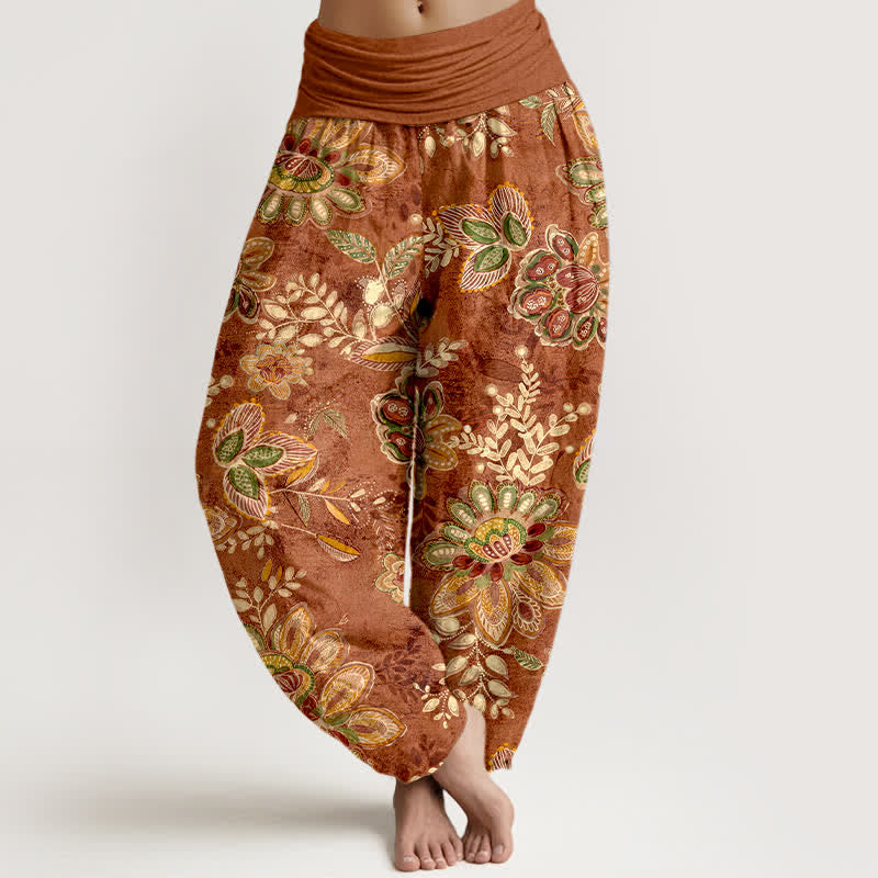 Buddha Stones Damen-Haremshose aus reiner Baumwolle mit böhmischem Blumen- und Blättermuster, elastischem Bund - Sienna - US16, UK/AU20, EU48 (3XL) - image 0