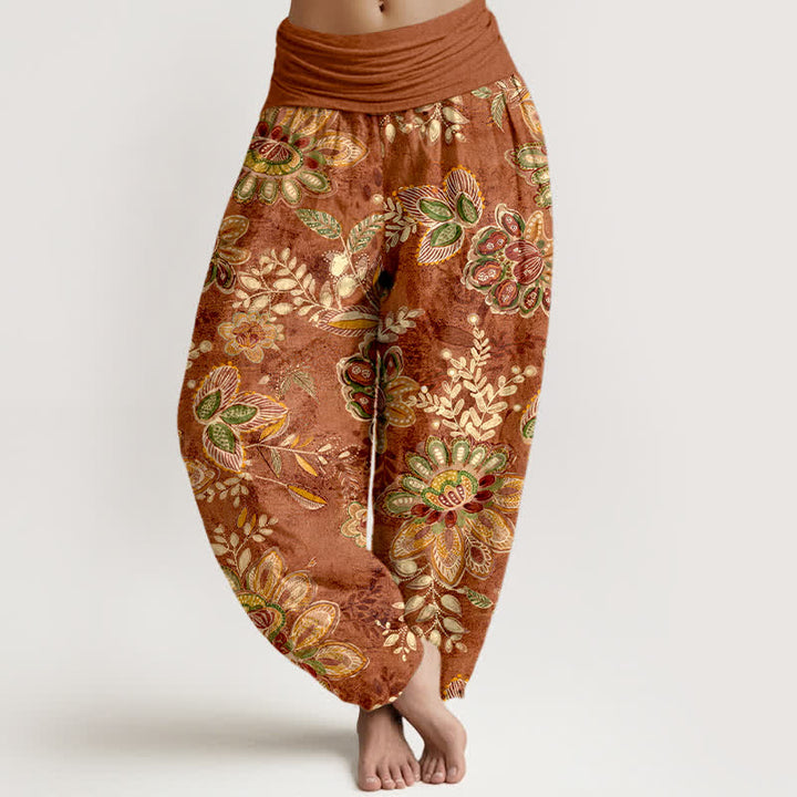 Buddha Stones Damen-Haremshose aus reiner Baumwolle mit böhmischem Blumen- und Blättermuster, elastischem Bund - Sienna - US16, UK/AU20, EU48 (3XL) - image 0