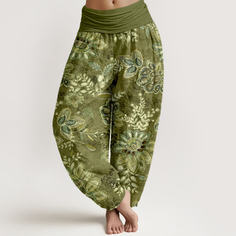 Buddha Stones Damen-Haremshose aus reiner Baumwolle mit böhmischem Blumen- und Blättermuster, elastischem Bund - Olivgrün - US16, UK/AU20, EU48 (3XL) - image 8