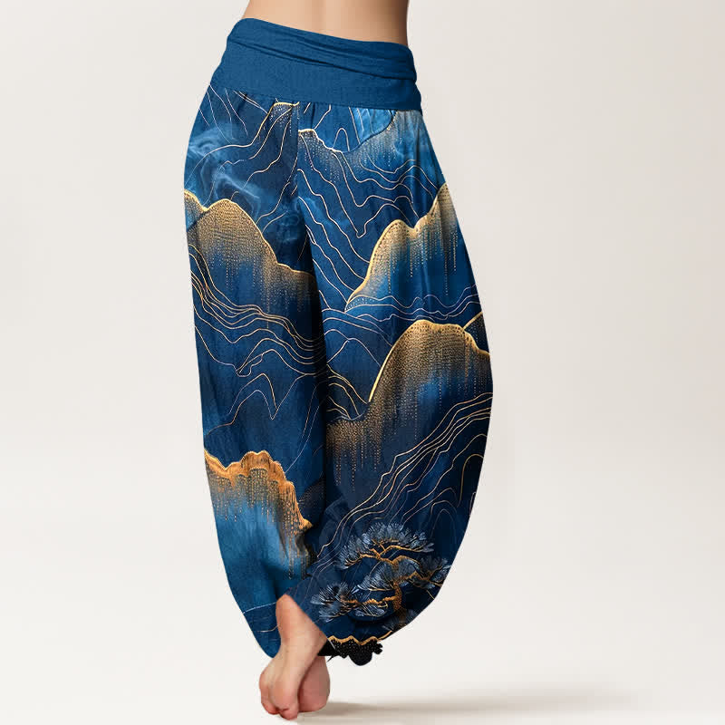 Buddha Stones Damen-Haremshose aus reiner Baumwolle mit Midnight Mountain Gold Line Muster und elastischem Bund - image 1