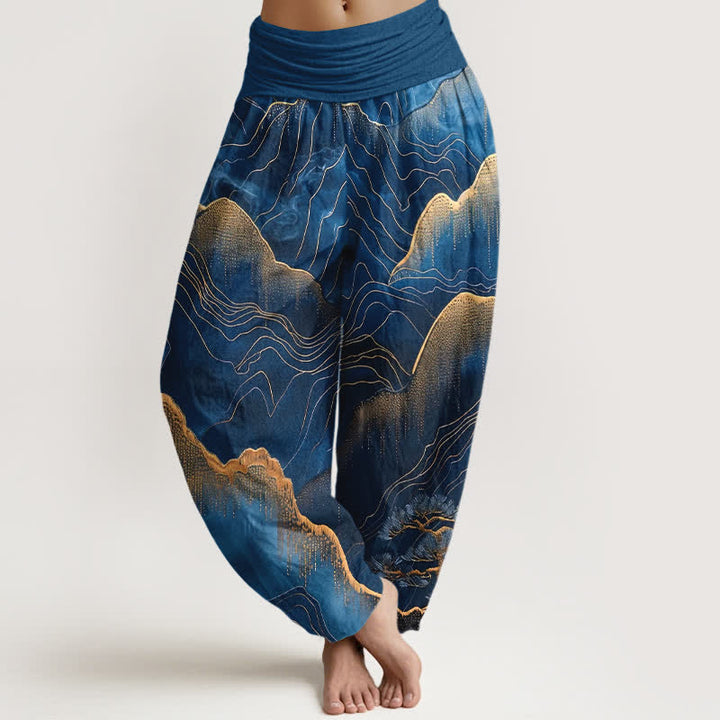 Buddha Stones Damen-Haremshose aus reiner Baumwolle mit Midnight Mountain Gold Line Muster und elastischem Bund - Marine - US16, UK/AU20, EU48 (3XL) - image 0