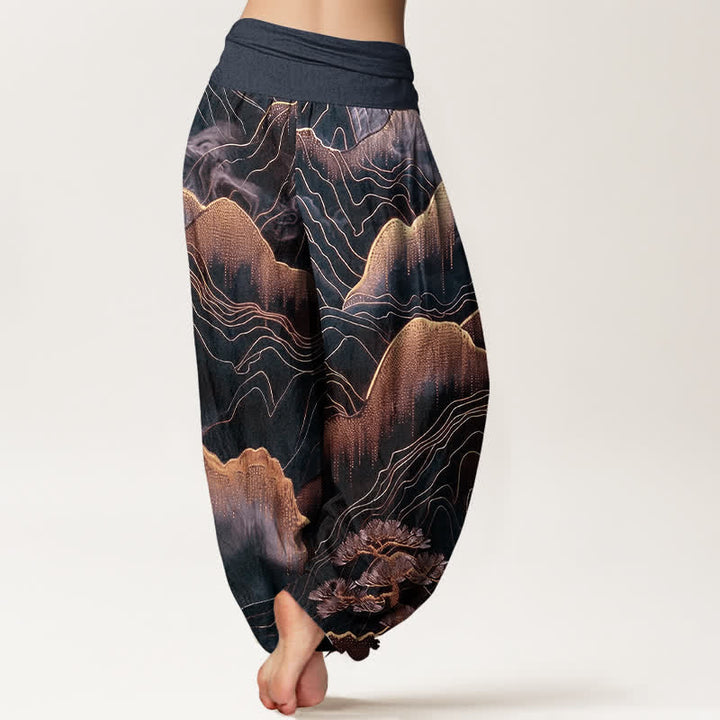 Buddha Stones Damen-Haremshose aus reiner Baumwolle mit Midnight Mountain Gold Line Muster und elastischem Bund - image 6