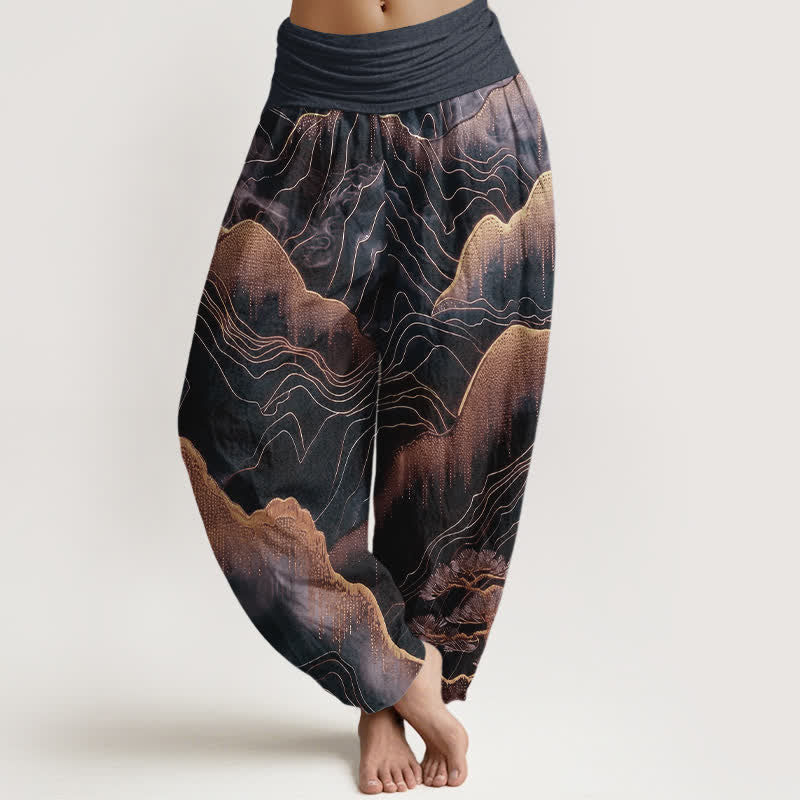 Buddha Stones Damen-Haremshose aus reiner Baumwolle mit Midnight Mountain Gold Line Muster und elastischem Bund - Schwarz - US16, UK/AU20, EU48 (3XL) - image 5