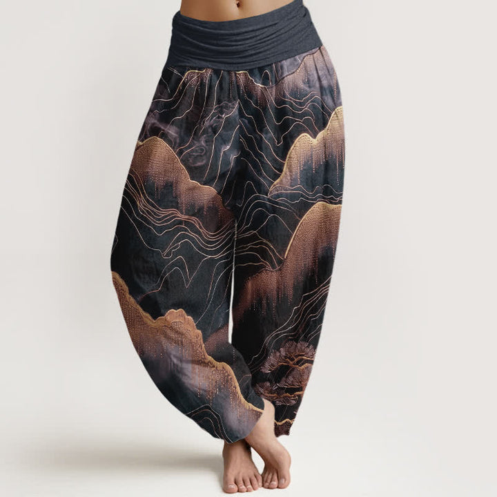 Buddha Stones Damen-Haremshose aus reiner Baumwolle mit Midnight Mountain Gold Line Muster und elastischem Bund - Schwarz - US16, UK/AU20, EU48 (3XL) - image 5