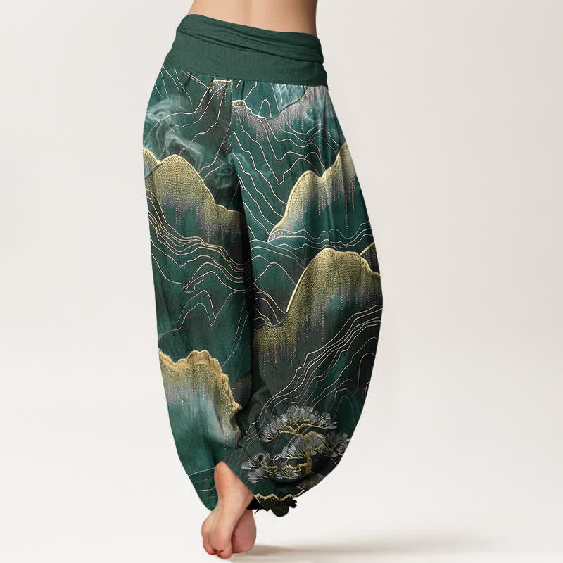 Buddha Stones Damen-Haremshose aus reiner Baumwolle mit Midnight Mountain Gold Line Muster und elastischem Bund - image 9