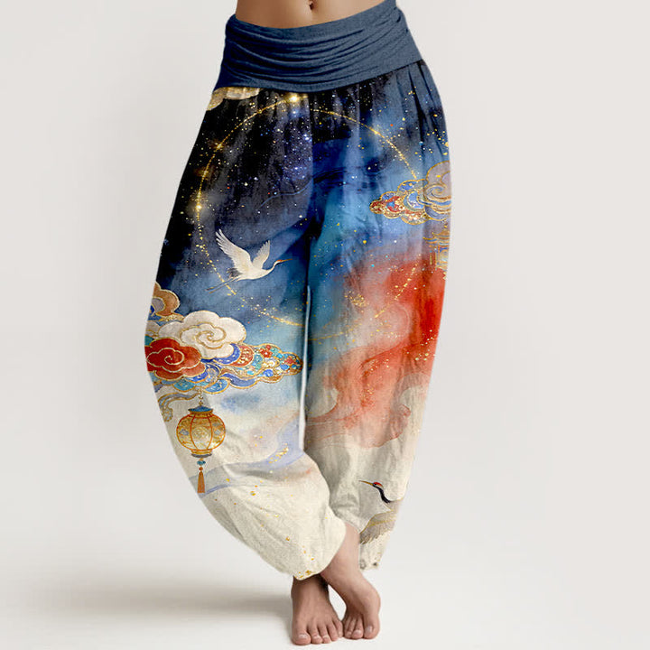 Buddha Stones Haremshose aus reiner Baumwolle mit Kranich-, Wolken- und Laternenmuster sowie Nachthimmel-Motiv, elastischer Bund für Damen - Marine - US16, UK/AU20, EU48 (3XL) - image 0