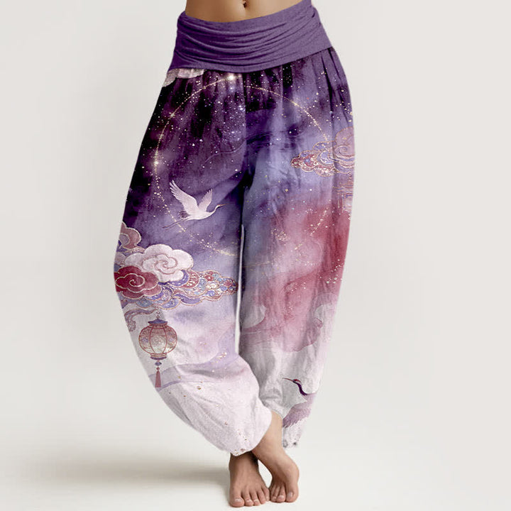 Buddha Stones Haremshose aus reiner Baumwolle mit Kranich-, Wolken- und Laternenmuster sowie Nachthimmel-Motiv, elastischer Bund für Damen - Lila - US16, UK/AU20, EU48 (3XL) - image 5