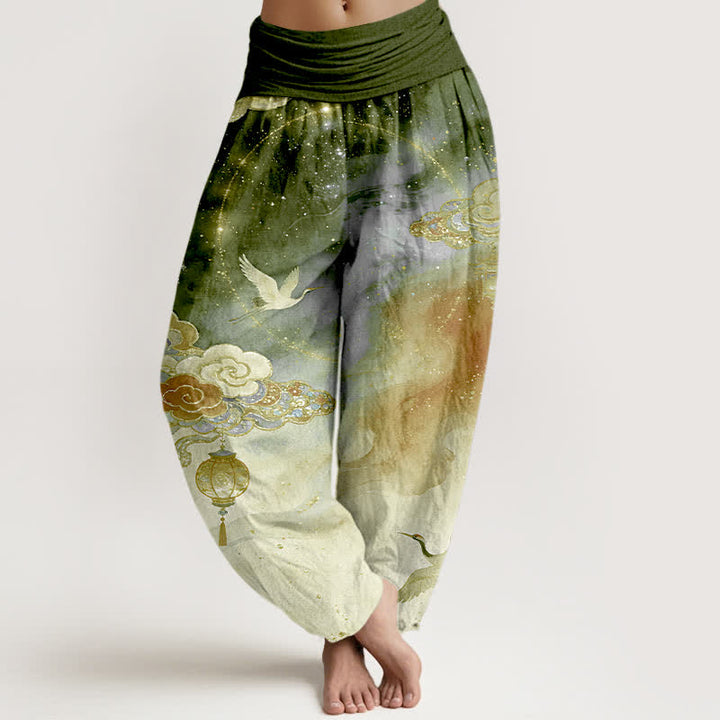 Buddha Stones Haremshose aus reiner Baumwolle mit Kranich-, Wolken- und Laternenmuster sowie Nachthimmel-Motiv, elastischer Bund für Damen - Olive - US16, UK/AU20, EU48 (3XL) - image 8