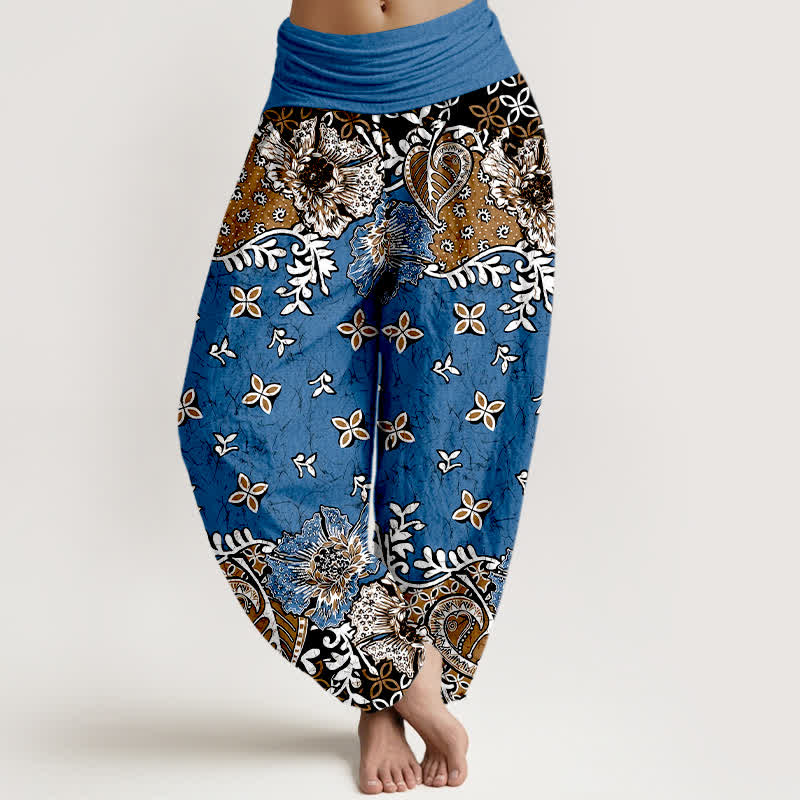 Buddha Stones Haremshose aus reiner Baumwolle mit böhmischem Paisley-Blumenmuster und elastischem Bund für Damen - Kornblumenblau - US16, UK/AU20, EU48 (3XL) - image 0