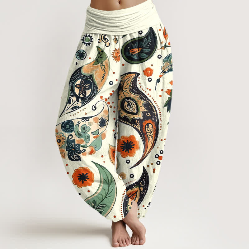 Buddha Stones Damen-Haremshose aus reiner Baumwolle mit böhmischem Paisley-Sonnenblumenmuster und elastischem Bund - Elfenbein - US16, UK/AU20, EU48 (3XL) - image 0