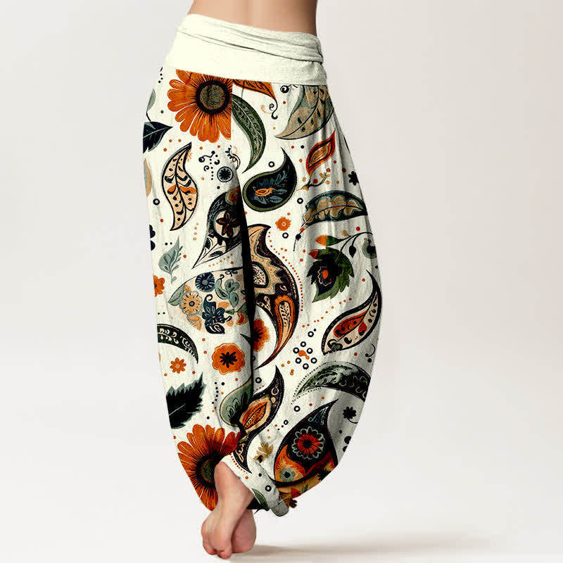 Buddha Stones Damen-Haremshose aus reiner Baumwolle mit böhmischem Paisley-Sonnenblumenmuster und elastischem Bund - image 1